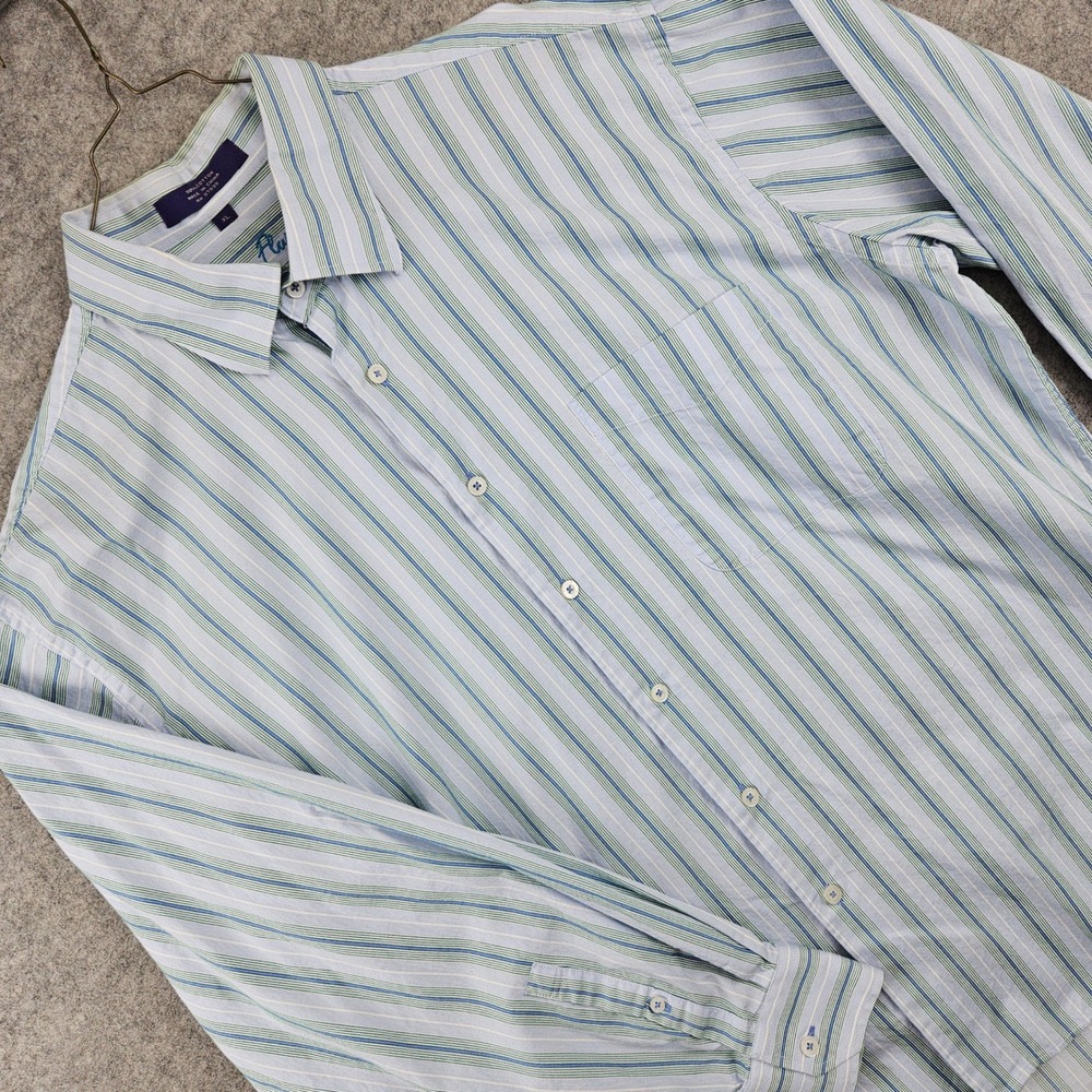 Alan Flusser Button Up Shirt Men's XL Blue Green Striped Long Sleeve Cotton Prep